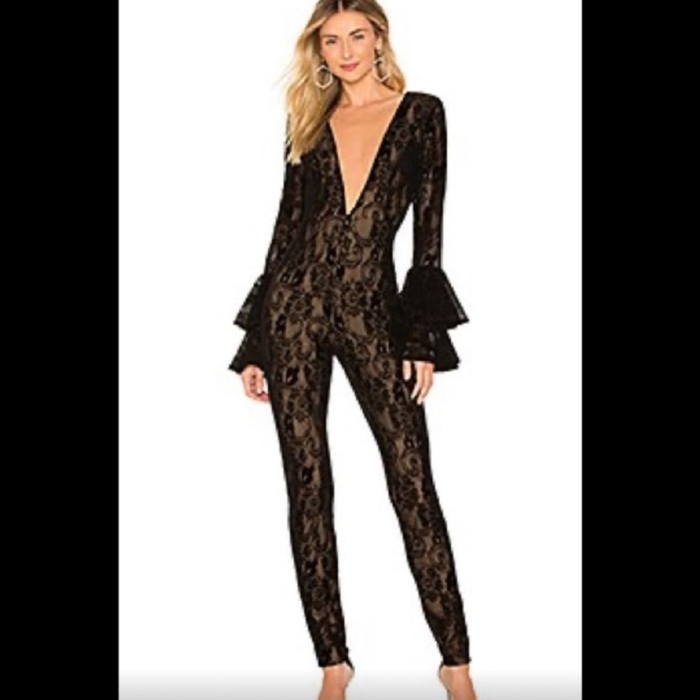 Michael Costello x Revolve Kalista Black Lace Jumpsuit